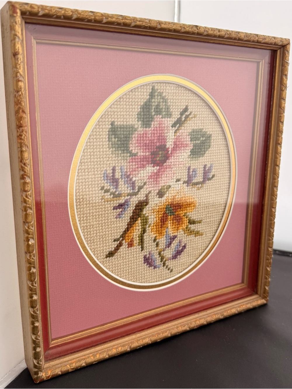 Vintage FRAMED NEEDLEPOINT Floral embroidery 10”x10.5”